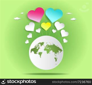 Love the Earth and save the natural world, ecologically sustainable structures, vector illustrations and abstract backgrounds, paper-cut templates. Lovely heart with green earth concept