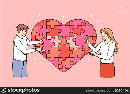 Love togetherness and romance concept. Young smiling loving couple standing and forming huge heart puzzle from pieces together vector illustration . Love togetherness and romance concept