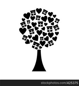 Love tree with hearts and gift boxes black simple icon . Love tree with hearts and gift boxes icon