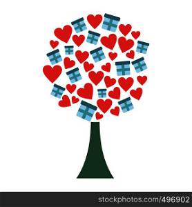 Love tree with hearts and gift boxes flat icon isolated on white background. Love tree with hearts and gift boxes flat icon