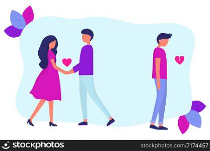 Love triangle. A woman is dating another man. Treason. A guy with a broken heart. Modern flat vector illustration.