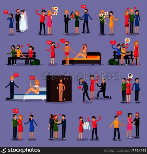 Love triangle set of orthogonal icons with people in various situations on lilac background isolated vector illustration . Love Triangle Orthogonal Icons Set