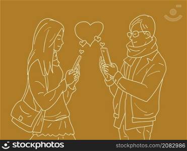 love valentine heart red a couple of a man and a woman with phones, dependence on online social networks. Comic Cartoon Kitsch Vintage Hand Drawing Illustration. love valentine heart red a couple of a man and a woman with phones, dependence on online social networks