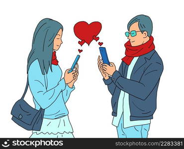 love valentine heart red a couple of a man and a woman with phones, dependence on online social networks. Comic Cartoon Kitsch Vintage Hand Drawing Illustration. love valentine heart red a couple of a man and a woman with phones, dependence on online social networks