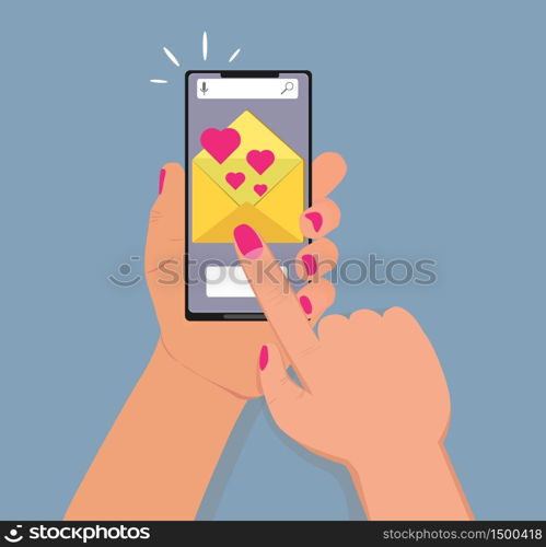 Love, valentines message concept vector for web, banner. Hand is holding smartphone with envelope and hearts. Send sms, receive emoji, emotion, fall in love. Index finger is touching screen.. Love, valentines message concept vector for web, banner. Hand is holding smartphone with envelope and hearts.