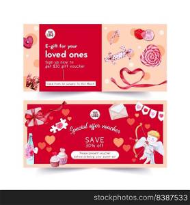Love voucher design with cupid, candy watercolor illustration.  