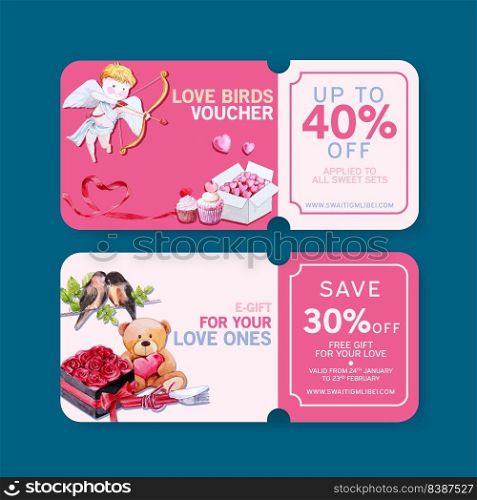 Love voucher design with cupid, teddy bear watercolor illustration.  