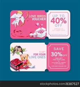 Love voucher design with cupid, teddy bear watercolor illustration.  