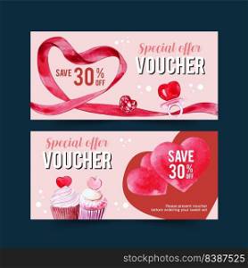 Love voucher design with ribbon, cupcake watercolor illustration.  