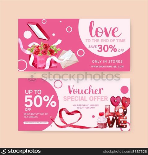 Love voucher design with roses, cupcake watercolor illustration.  