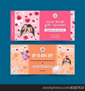 Love voucher design with roses, cupid, bird watercolor illustration.  