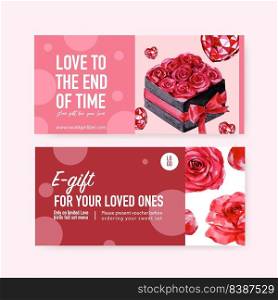 Love voucher design with roses watercolor illustration.  