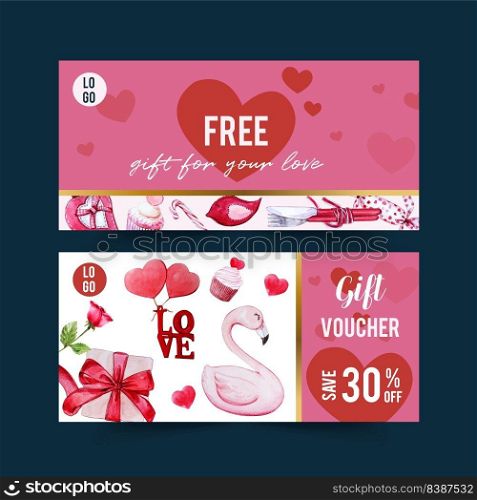 Love voucher design with swan, cupcake watercolor illustration.  