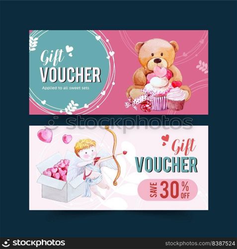 Love voucher design with teddy bear, cupid watercolor illustration.  