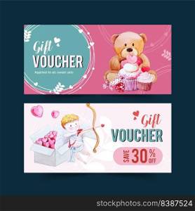Love voucher design with teddy bear, cupid watercolor illustration.  