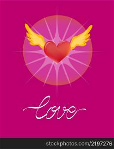 Love, white word written by ribbon, with shining red flying heart with golden wings, on dark pink background. Cute Valentine day cartoon design, for package insert, labels, other prints. Love ribbon word with shiny winged heart