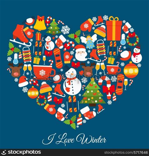 Love winter concept with new year and christmas decorative elements in heart shape vector illustration
