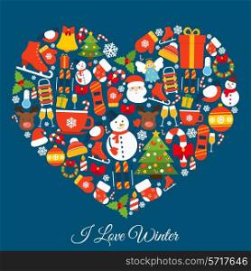 Love winter concept with new year and christmas decorative elements in heart shape vector illustration
