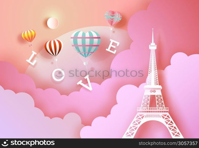 Love with balloons and Heart with eiffel tower, For valentine, wallpaper, flyer, invitation, card, posters, postcard, brochure, advertising, paper cut, Vector illustration on pink color background.