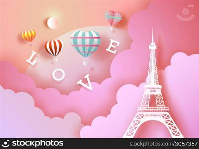 Love with balloons and Heart with eiffel tower, For valentine, wallpaper, flyer, invitation, card, posters, postcard, brochure, advertising, paper cut, Vector illustration on pink color background.