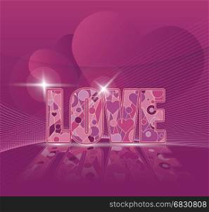 Love word creative text with heart symbol romantic vector background. Purple festive gift card template. Invitation decor pattern.