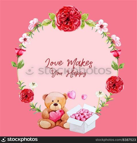Love wreath design with flowers, teddy bear watercolor illustration.  