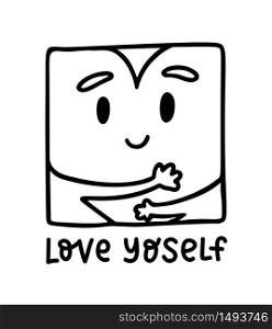 Love yoself. Cute kawaii heart hugging yourself. Love your body concept. Girl Healthcare Skincare. Take time for your self. Vector illustration on white background. Black color doodle. Love yoself. Cute kawaii heart hugging yourself. Doodle style Vector