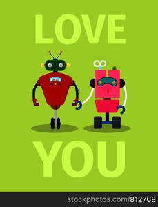 Love you card with robots on light green background, vector illustration. Love you card with robots