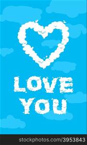 Love you cloud. Symbol of heart of the white clouds on blue heavenly background. Love in heaven&#xA;