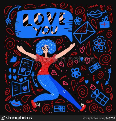 Love You concept. Poster with girl and love symbols in doodle style. Vector illustration.