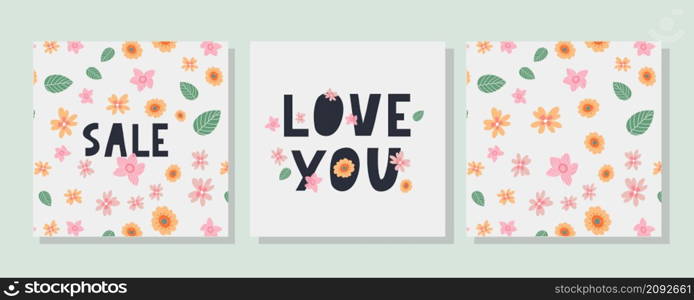 Love you. Inspirational lettering quote. Typography slogan for t shirt printing. Love you. Sale Inspirational lettering quote flowers banner. Typography slogan for t shirt printing, graphic design.
