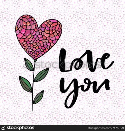 Love you typography card. Heart flower illustration. Greeting card with pink heart and brush calligraphy. Love you typography card. Heart flower illustration. Greeting card with pink heart and brush calligraphy.