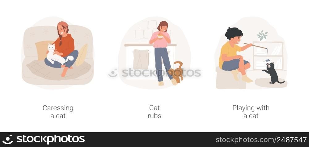 Love your cat isolated cartoon vector illustration set. Family member caressing fluffy pet, cat rubs, child playing with a toy mouse with kitten, domestic animal accessories vector cartoon.. Love your cat isolated cartoon vector illustration set.