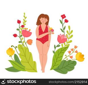 Love yourself. Funny woman holding flower, self hug cartoon girl. Loved esteem and proud you body. Positive lovely female exact vector character. Love woman cartoon, feminism positivity illustration. Love yourself. Funny woman holding flower, self hug cartoon girl. Loved esteem and proud you body. Positive lovely female exact vector character