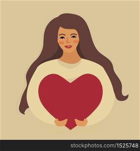 Love yourself, girl hugs heart. Narcissistic, self-confident people, increase self-esteem. Valentine&rsquo;s day, in love. Vector illustration.. Love yourself, girl hugs heart. Narcissistic, self-confident people, increase self-esteem. Valentine&rsquo;s day, in love. Vector illustration