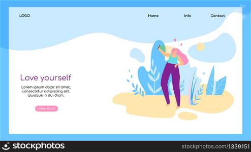 Love Yourself Horizontal Banner with Copy Space. Plump Girl Taking Selfie on Open Air Landscape Background. Body Positive Movement. Girl Posing with Smartphone. Cartoon Flat Vector Illustration.. Plump Girl Taking a Selfie on Open Air Lansdscape