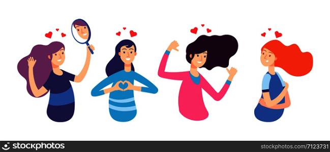 Love yourself. Narcissistic, self-confident people hugged themselves. Loving oneself men and women. Vector characters set. Illustration of yourself girl and self-esteem. Love yourself. Narcissistic, self-confident people hugged themselves. Loving oneself men and women. Vector characters set
