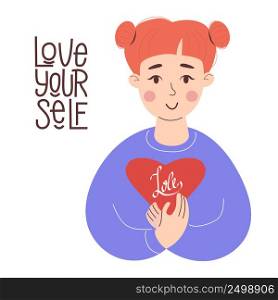 Love yourself. Red-haired girl with red heart in her hands. Vector illustration. Concept Love yourself and make time for yourself by taking care of yourself. Cute character in flat style for design