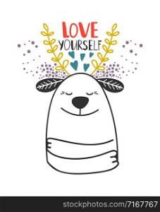 Love yourself sweet card template with cute dog and leaves and hearts decoration, vector illustration. Love yourself dog card template
