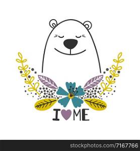 Love yourself sweet illustration with polar bear and floral ornament, vector illustration. Love yourself icon with polar bear