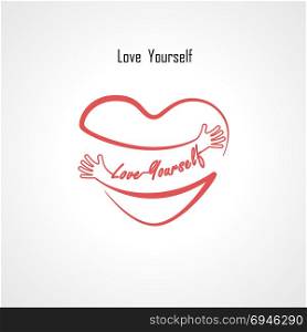 ""Love Yourself" typographical design elements and Red heart shape with hand embrace.Hugs and Love yourself sign.Health and Heart Care icon.Happy valentines day concept.Healthcare & medical concept.Vector illustration"
