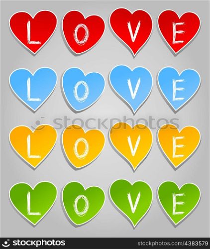 Love2. Inscription love on hearts of different colours. A vector illustration