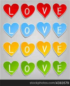 Love2. Inscription love on hearts of different colours. A vector illustration