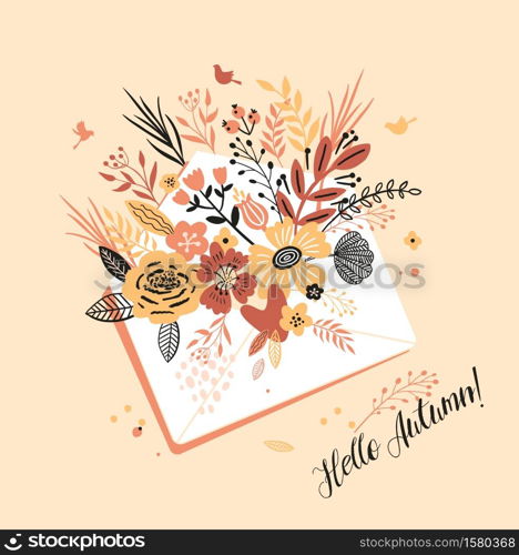 Lovely autumn card with a bouqet flowers, leaves and with the inscription Hello Autumn.. Lovely autumn card with a bouqet flowers, leaves envelope and with the inscription I Hello Autumn. Perfect for greeting cards, postcards, t-shirt design and other yours design in trend colors.