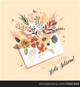 Lovely autumn card with a bouqet flowers, leaves and with the inscription Hello Autumn.. Lovely autumn card with a bouqet flowers, leaves envelope and with the inscription I Hello Autumn. Perfect for greeting cards, postcards, t-shirt design and other yours design in trend colors.