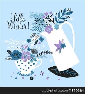 Lovely autumn card with a cup, leaves, flowers and with the inscription Hello Winter.. Lovely new year card with a kettle, cup, flowers, leaves and with the inscription Hello Winter. Perfect for greeting cards, postcards, t-shirt design and other yours design in trend colors.