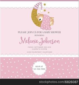 Lovely baby shower card template with golden glittering details, vector format