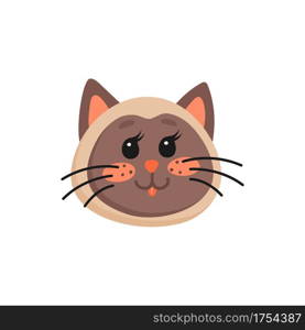 Lovely brown kitten head with pink cheeks and whiskers isolated home pet snout. Vector domestic animal, cartoon kitten portrait, cute emoticon or emoji sticker. Home favorite pet hand drawn muzzle. Head of brown kitten isolated cute emoticon cat