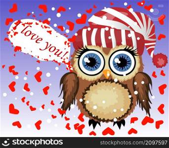 Lovely cartoon brown owl surrounded by hearts says I love you. Love in the air, Saint Valentine, postcard.. Lovely cartoon brown owl surrounded by hearts says I love you. Love in the air, Saint Valentine, postcard