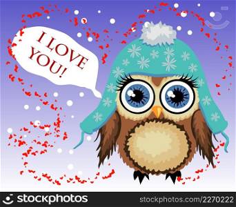 Lovely cartoon brown owl surrounded by hearts says I love you. Love in the air, Saint Valentine, postcard.. Lovely cartoon brown owl surrounded by hearts says I love you. Love in the air, Saint Valentine, postcard